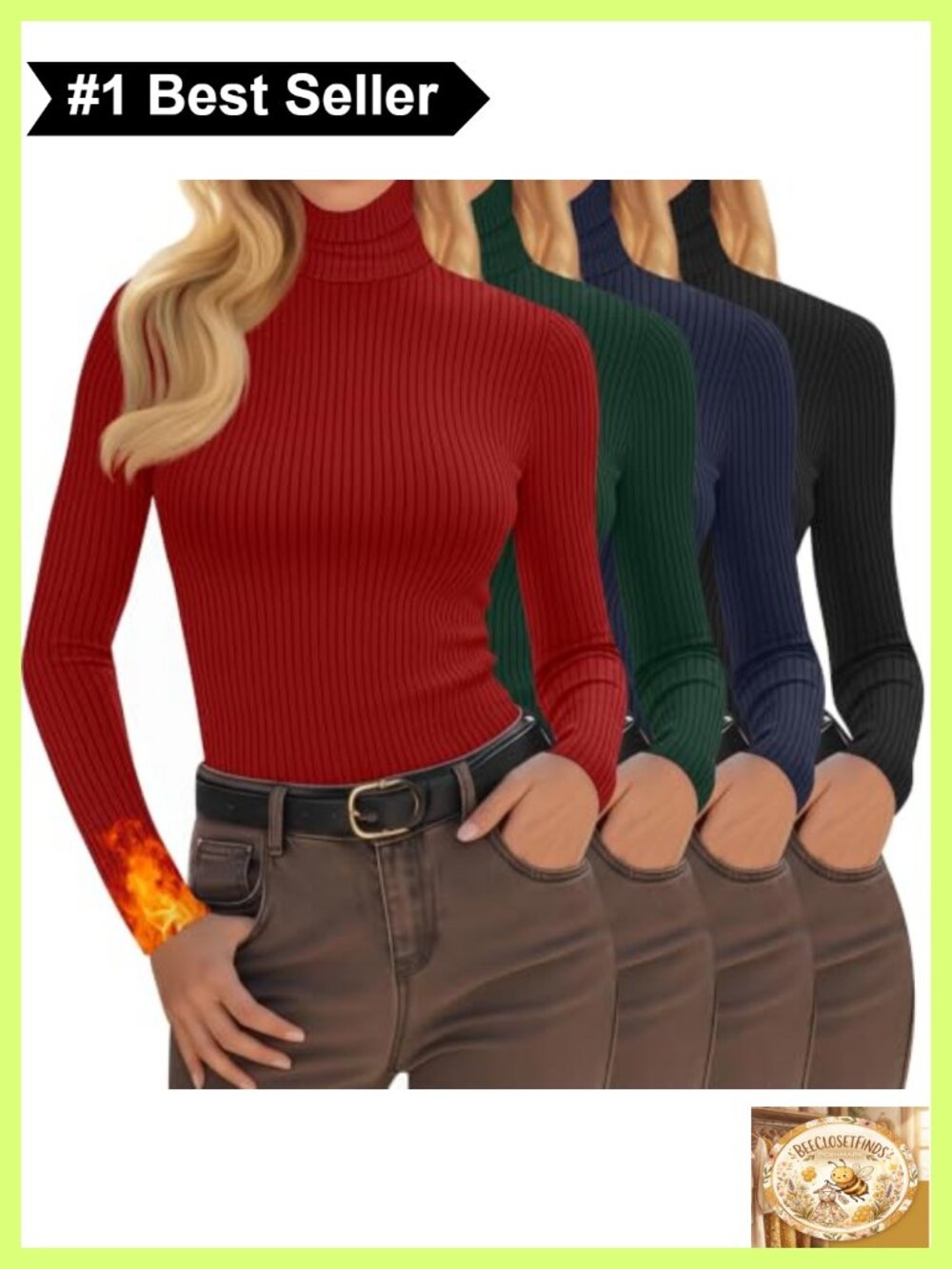 Ribbed Thermal Turtleneck Tops Slim Fit Base Layer 4 Pack